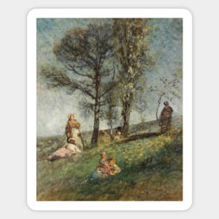 A Young Family Under Trees On A Hill by Adolphe Monticelli Sticker